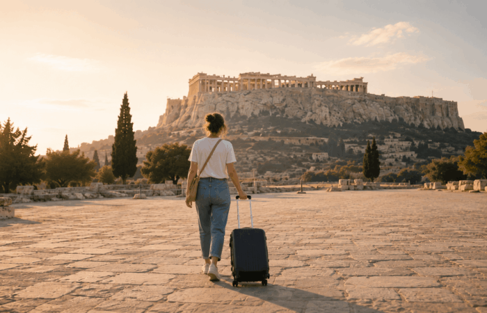 Traveler using luggage storage in Athens before hotel check-in