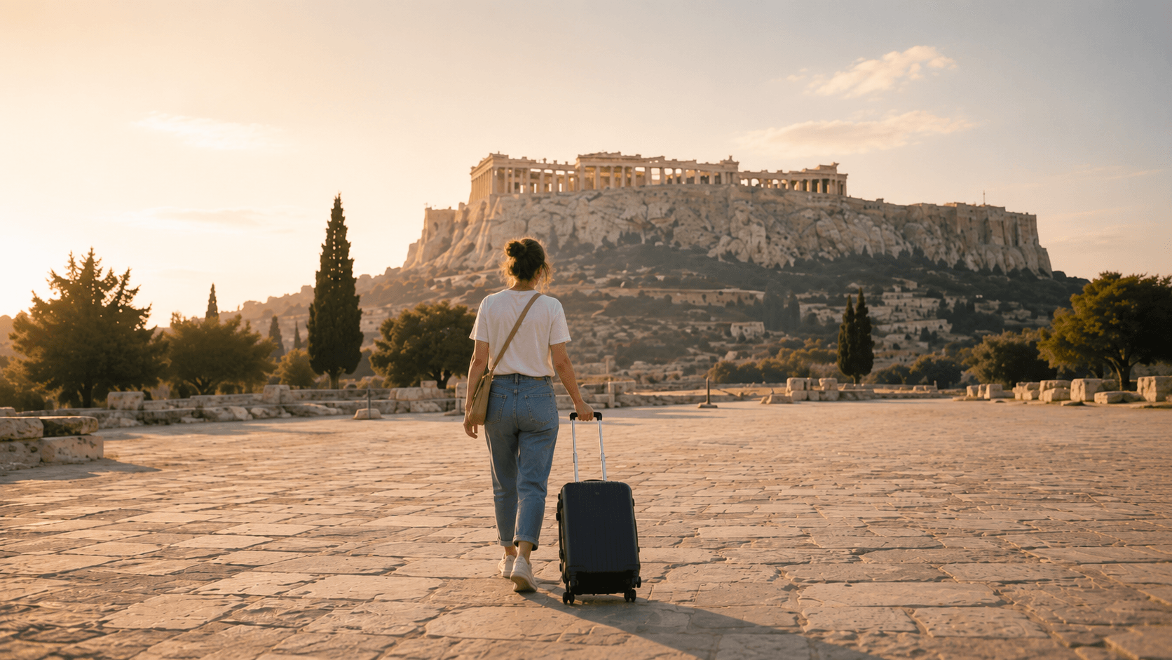 Traveler using luggage storage in Athens before hotel check-in