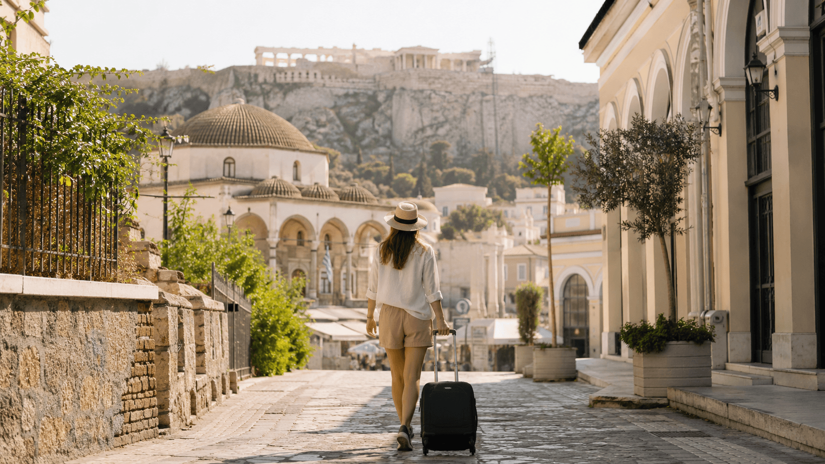 Traveler using luggage storage in Athens before hotel check-in