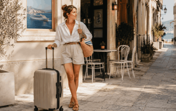 Traveler with suitcase preparing for island hopping from Athens