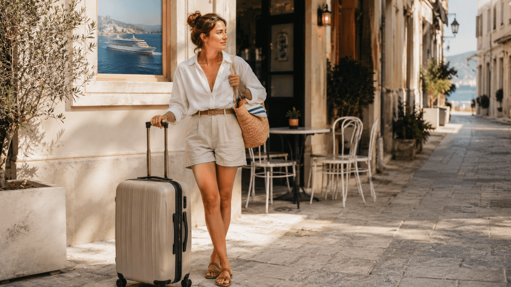 Traveler with suitcase preparing for island hopping from Athens