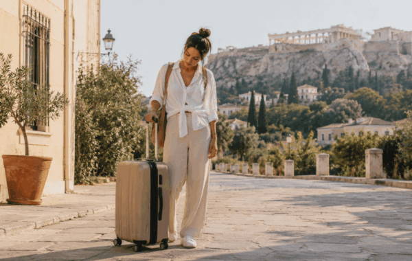 Traveler with a large suitcase near the Acropolis in Athens