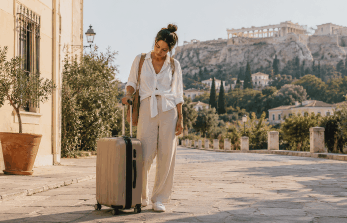 Traveler with a large suitcase near the Acropolis in Athens