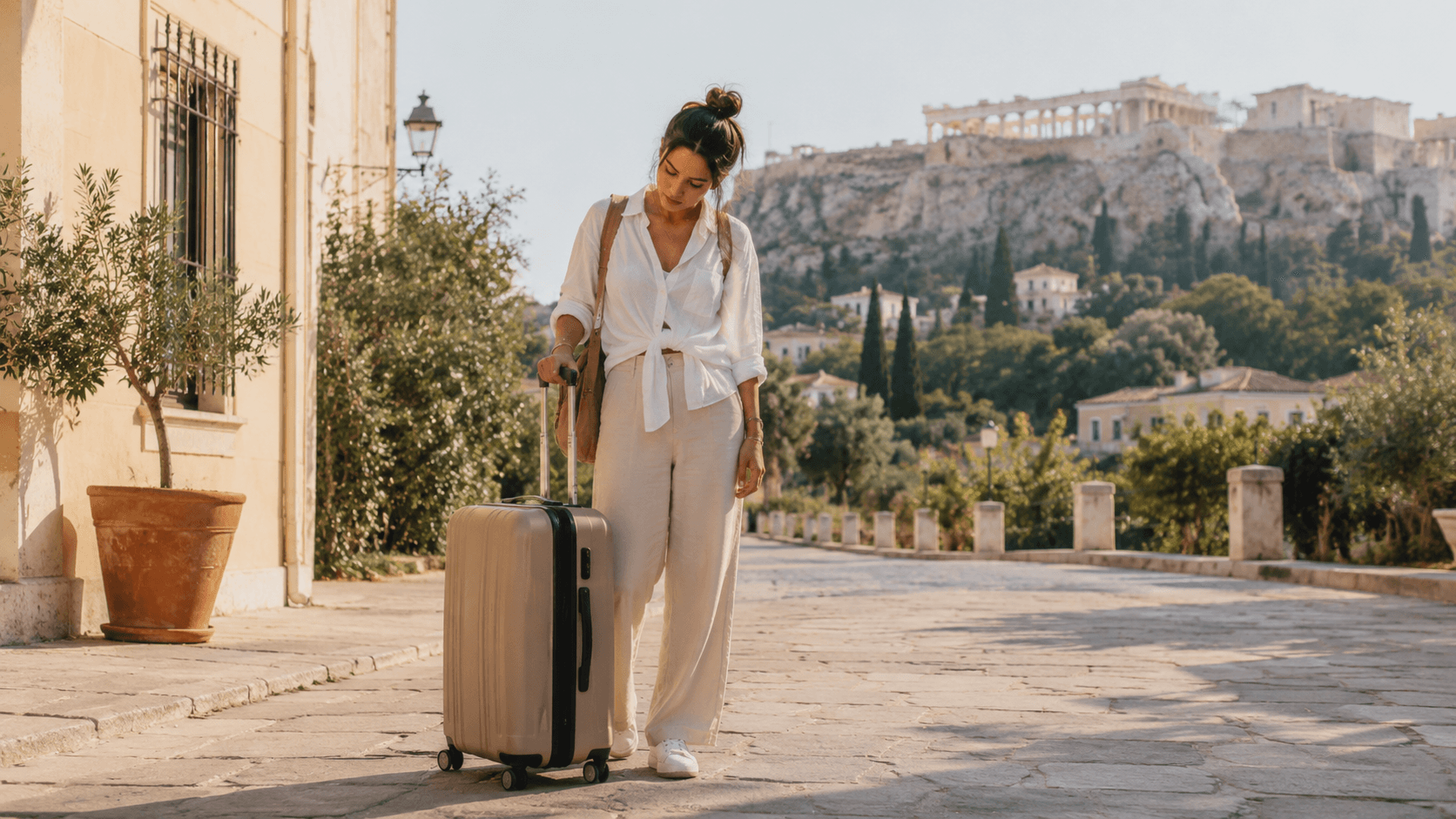 Traveler with a large suitcase near the Acropolis in Athens