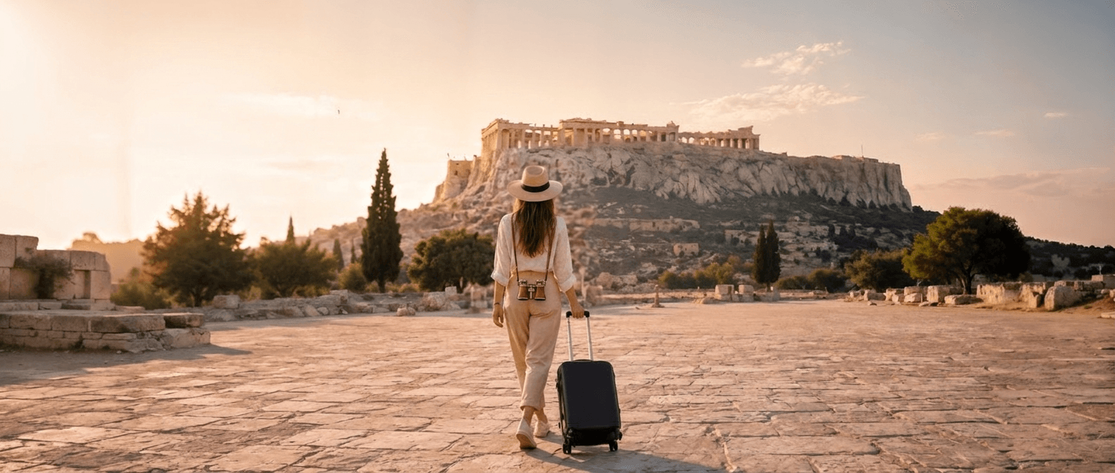 Traveller near the Acropolis using Nomadia 24-hour luggage storage in central Athens
