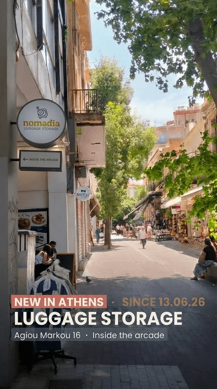 Nomadia luggage storage sign on Agiou Markou Street in central Athens