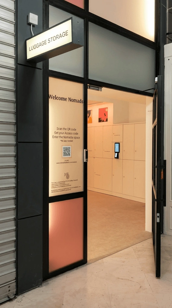 Entrance to Nomadia luggage storage in central Athens