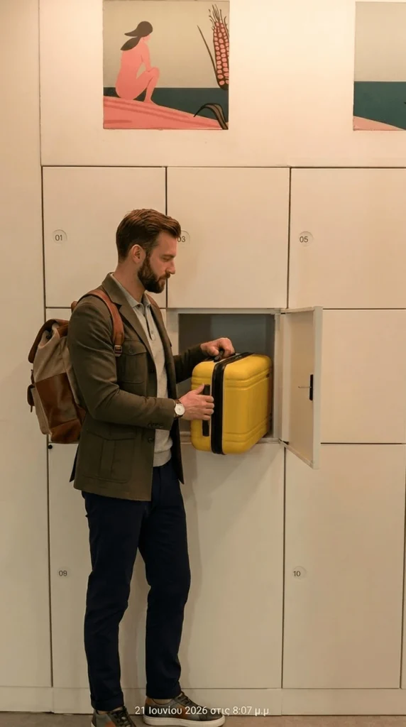 Traveller storing a cabin bag in a Medium locker at Nomadia Athens
