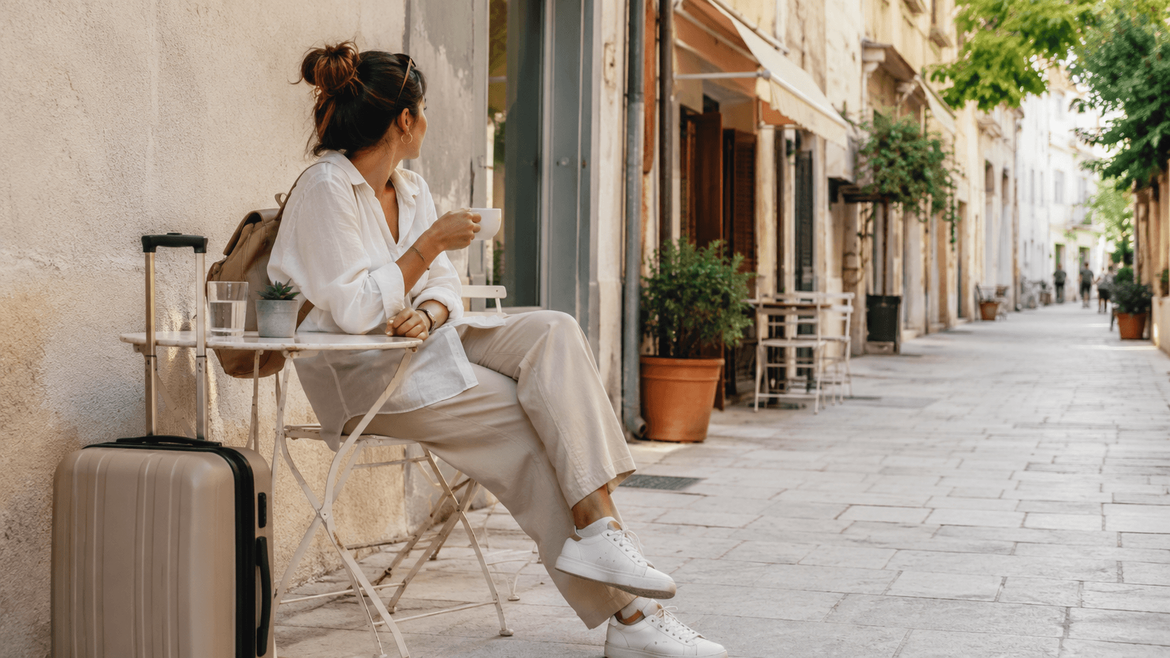 Traveler with suitcase at a café in Athens after hotel check-out